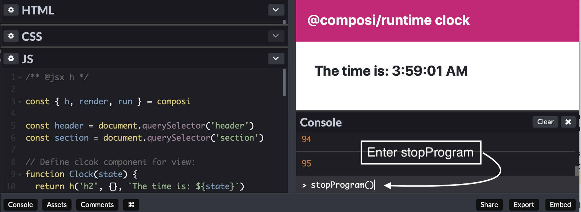 Image of a Codepen example of how to stop a program from running.